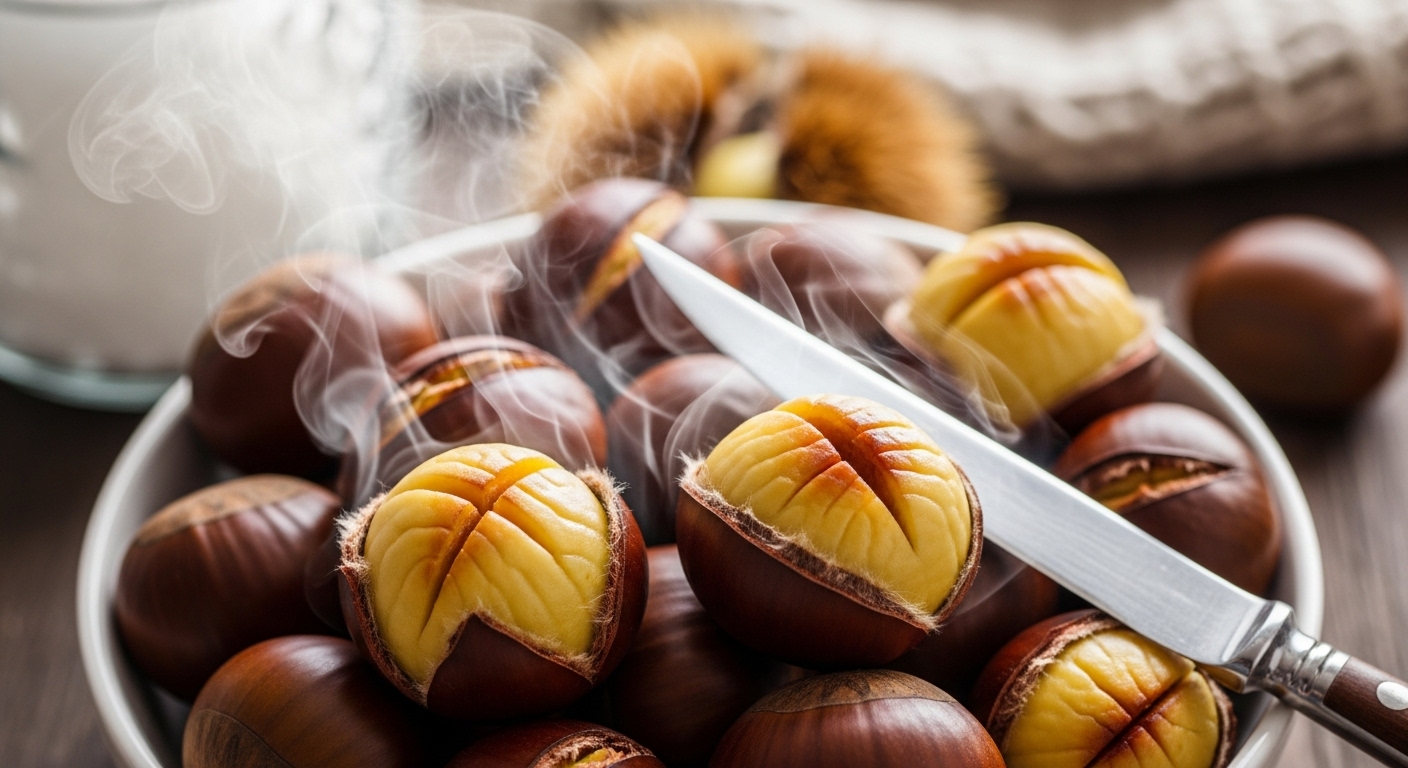 김이 모락모락 나는 따뜻한 밤이 그릇에 담겨 있는 모습. 일부 밤은 껍질이 벗겨져 있고, 일부는 칼집이 나 있어 쉽게 까먹을 수 있음을 보여줌. 겨울 분위기.