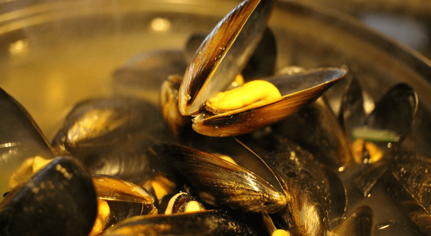 냄비에 담겨 있는 홍합탕