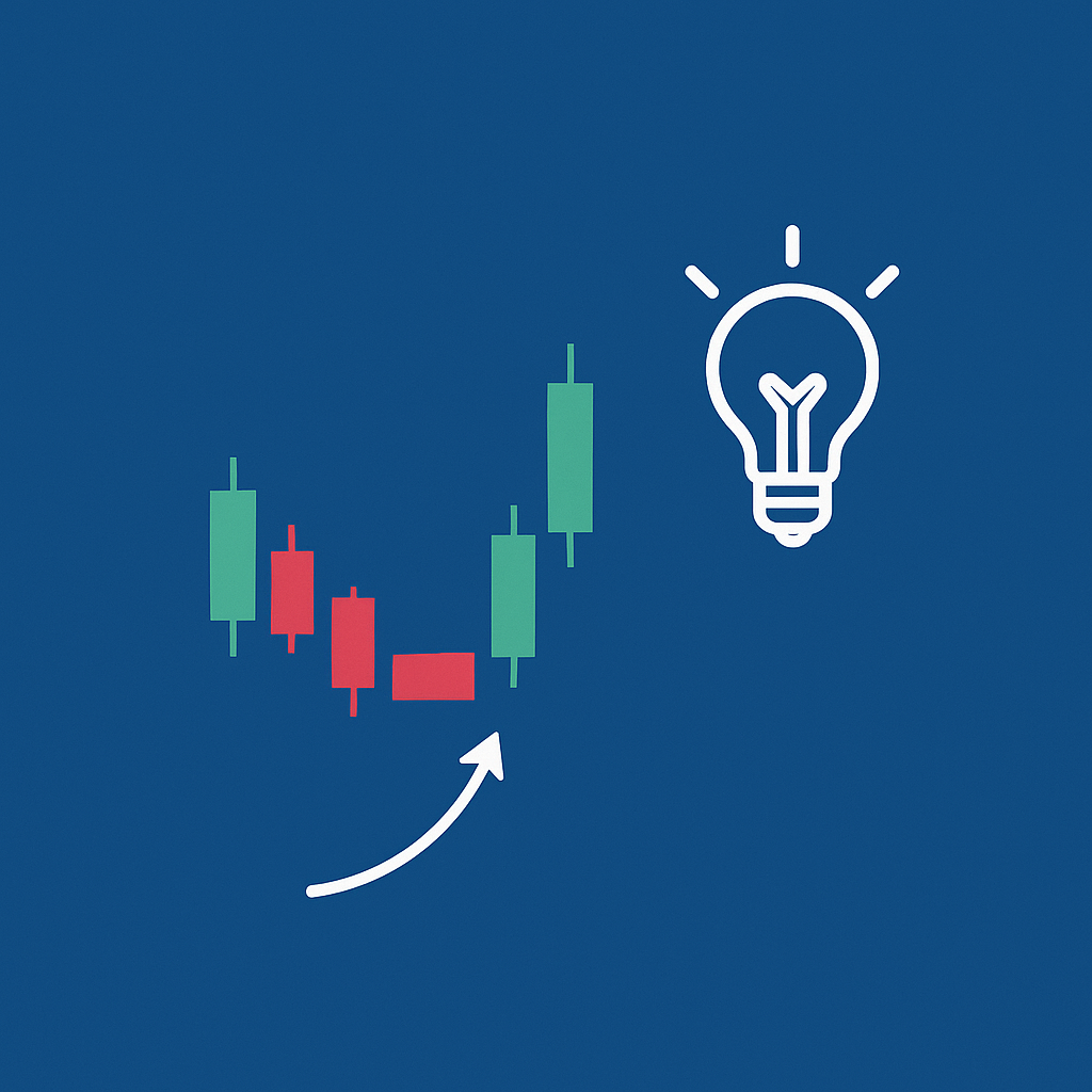 주식 리스크 관리 전략을 시각적으로 표현한 이미지. 파란 배경 위에 캔들 차트와 상승 화살표, 그리고 통찰을 상징하는 전구 아이콘이 배치되어 있다. 붉은 캔들은 손절 구간을, 초록 캔들은 회복 구간을 암시한다.
