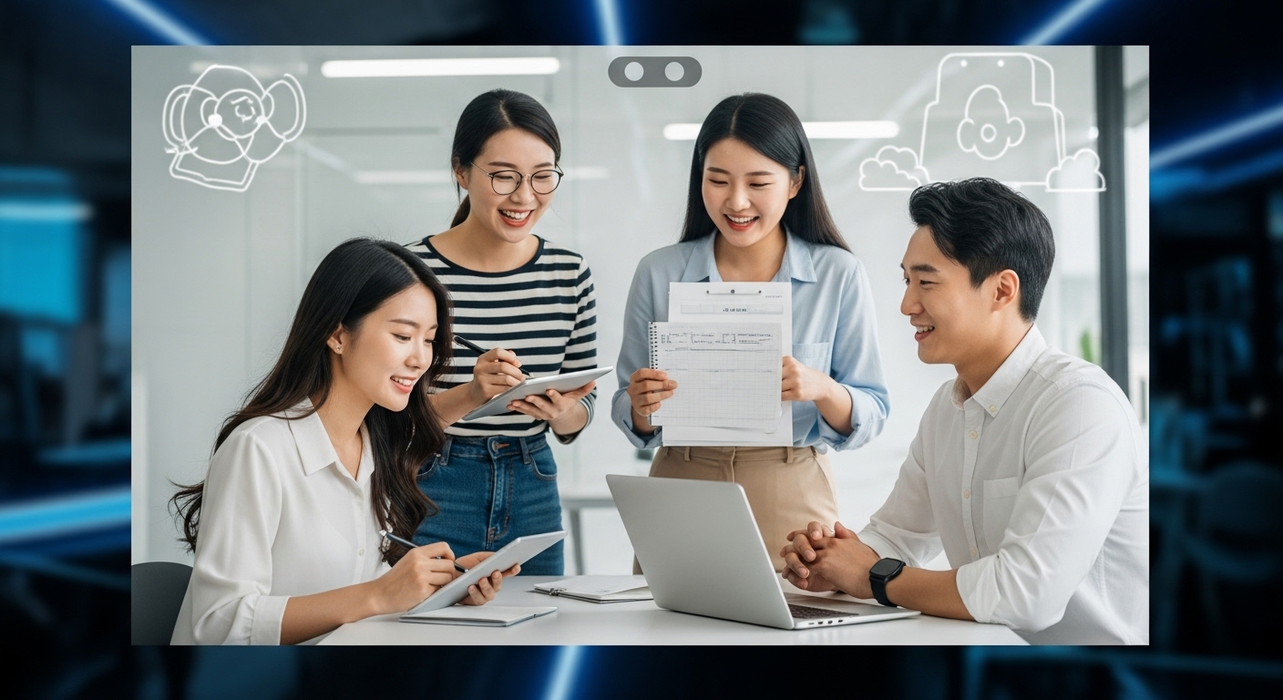 한국인 직장인들이 화상 회의를 통해 프로젝트 관리와 협업에 대해 논의하는 모습.