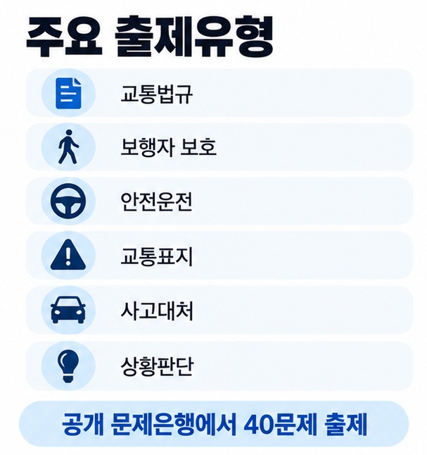 교통법규 보행자 보호 안전운전 교통표지 사고 대처 상황판단 등 주요 출제유형을 정리한 이미지
