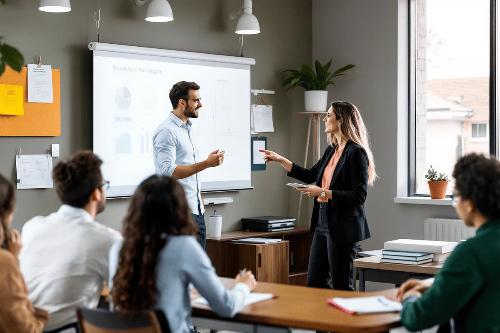 책상과-칠판이-있고-여러-사람이-강의를-듣고-대화를-나누기도함