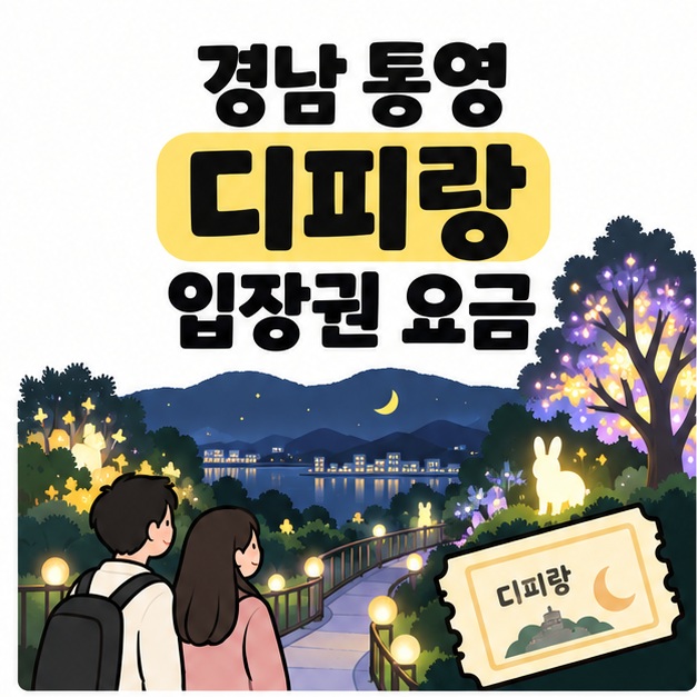 경남 통영 디피랑 입장권 요금 제목과 디피랑 야간 미디어아트 입구를 보여주는 그림
