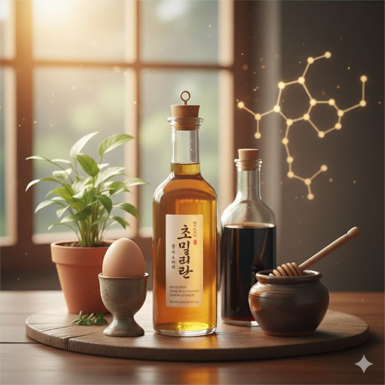 투명한 유리병에 담긴 황금빛 초밀란과 그 옆에 계란, 현미식초 병, 꿀단지, 화분이 놓여있다. 배경에는 레시틴 분자 구조가 은은하게 보이고, 전체적으로 건강하고 자연스러운 느낌의 따뜻한 조명 이미지