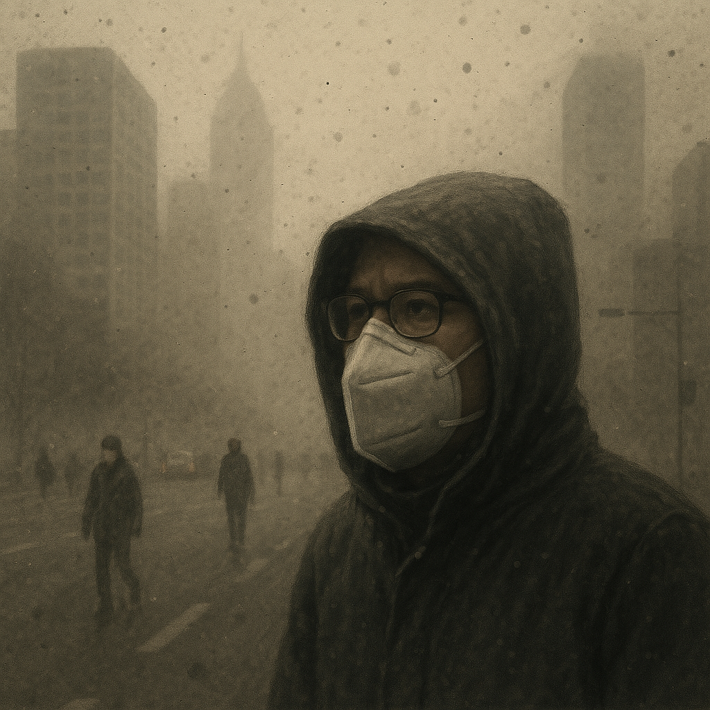 초미세먼지 속 마스크, 안경, 모자를 쓴 남자