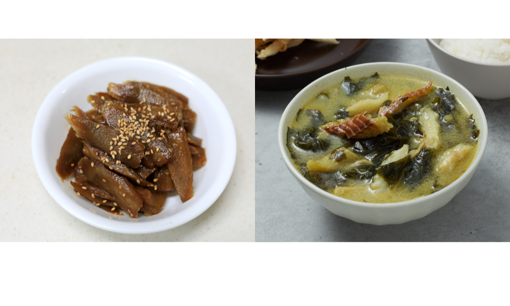 우엉 조림과 도다리 미역국 조리한 모습