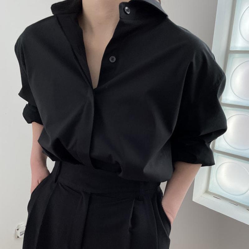 자체제작 와이드 카라 히든 버튼 셔츠 ( 빅사이즈 오피스룩 스판 데일리 정장 블라우스 )