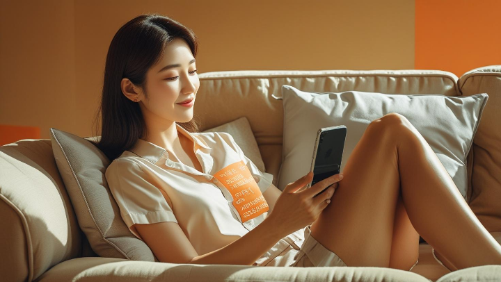 모바일 기기에서 가독성 높은 블로그 글을 편안하게 읽는 여성 독자