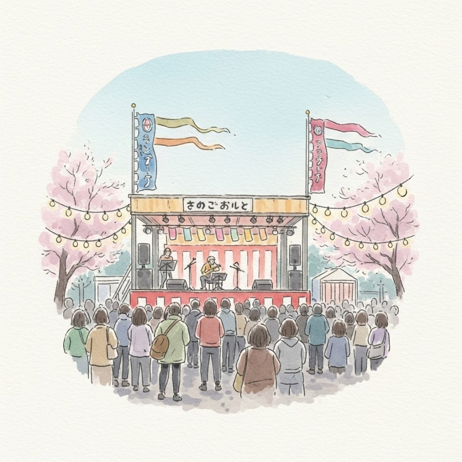 벚꽃 나무 아래에서 열리는 활기찬 공원 축제 현장