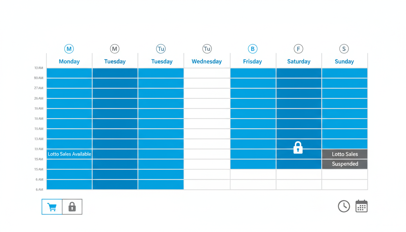 로또 6/45의 요일별 판매 시간과 중단 시간을 시각적으로 나타낸 깔끔한 달력 인포그래픽