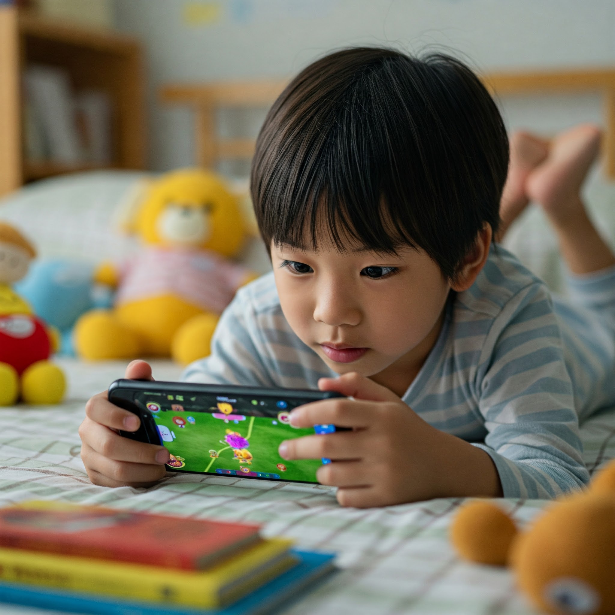 엎드려서 스마트폰을 하는 초등학생