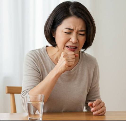 형개 효능 감기 초기 증상, 기침하는 중년 여성 사진