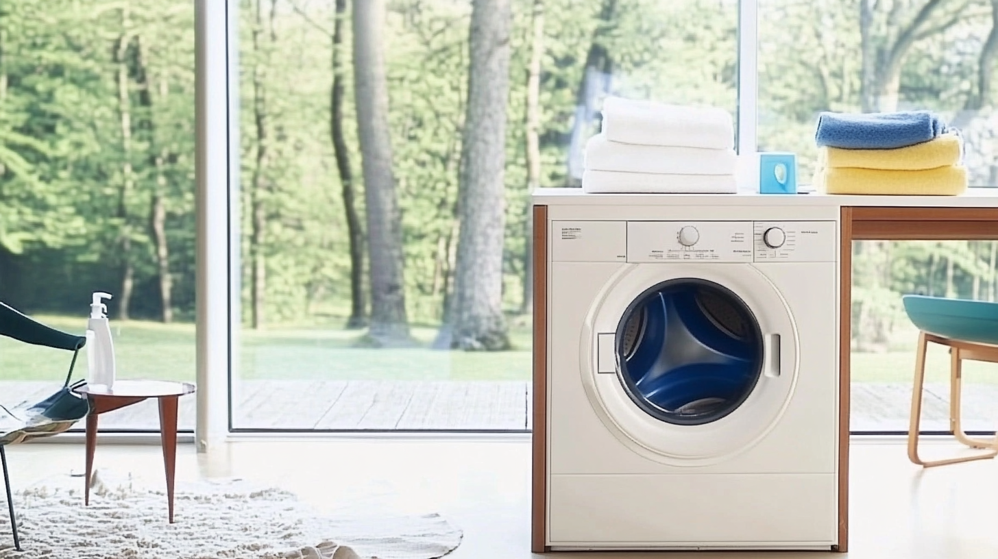 조용한 분위기의 현대적인 세탁실에 혁신적인 소음 감소 기술을 갖춘 세탁기가 있습니다.