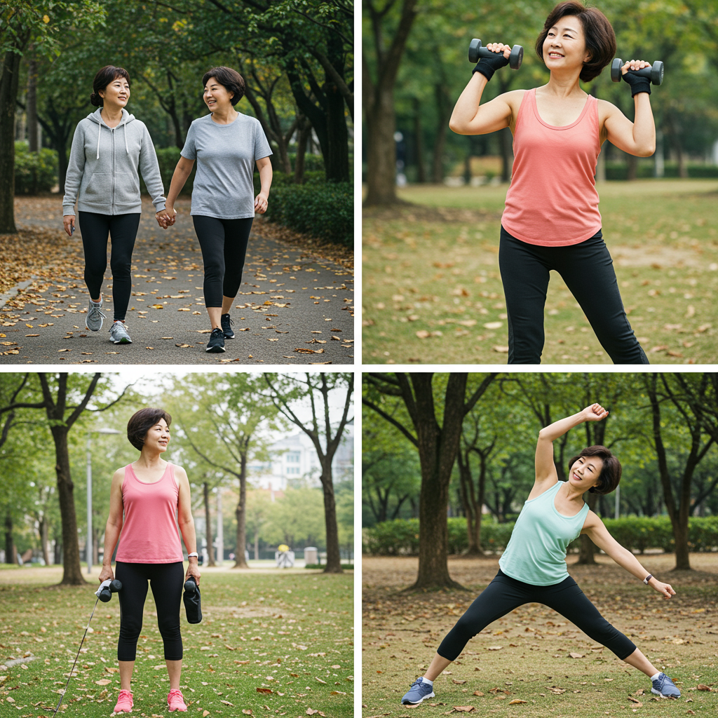 중년 여성을 위한 유산소, 근력, 유연성 운동 장면 이미지