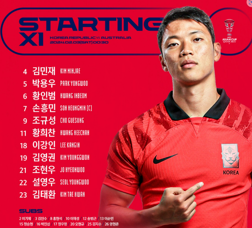대한민국 8강 선발 라인업