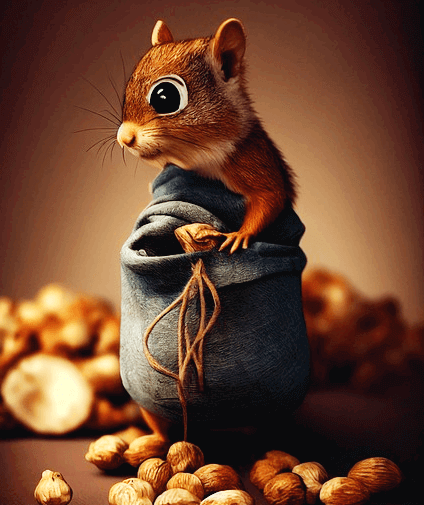 작은 다람쥐가 왼쪽으로 고개를 돌렸다. 작은 남색 천주머니에선 도토리들이 가득하다. 말이 많은 다람쥐다.