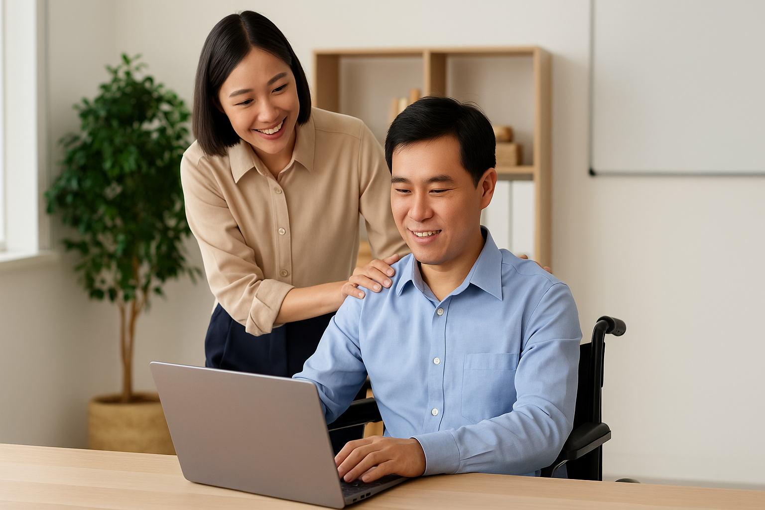 근로지원인과-장애인이-노트북을-보고-웃고-있음