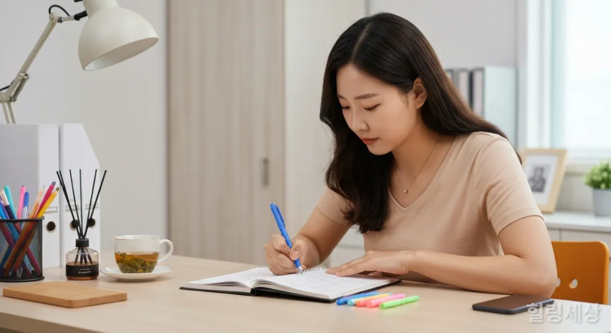 집 서재에서 깔끔하게 주간 계획을 세우는 한국인 여성의 모습