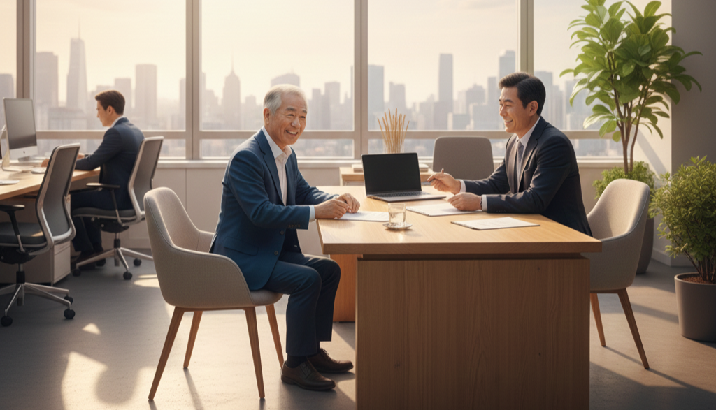 기초연금 신청을 위해 상담받는 60대 부부, 2026년 노인 복지 정책 안내 장면