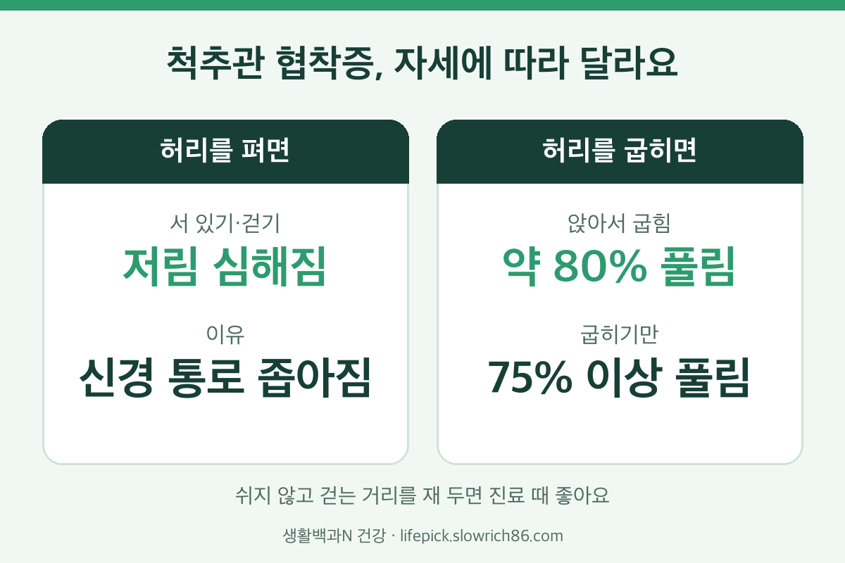 척추관 협착증 다리 저림 허리를 펴면 심해지고 굽히면 풀림 80%