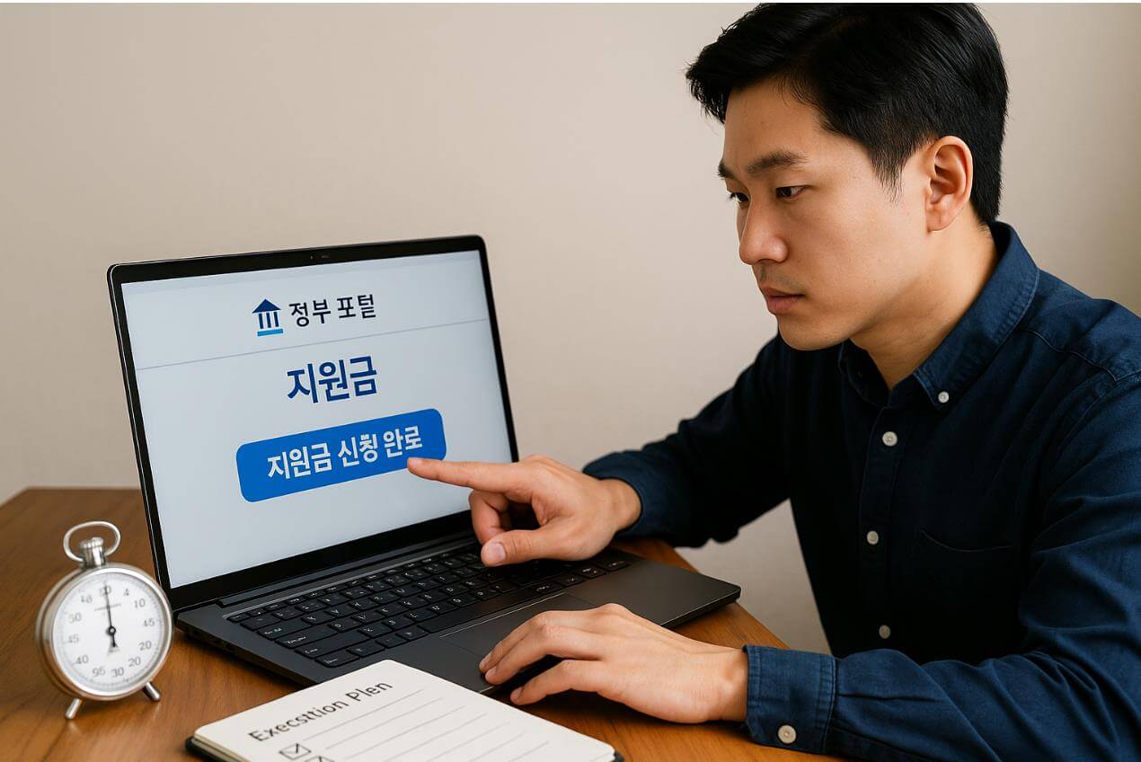청년이 노트북 앞에서 ‘지원금 신청 완료’ 버튼을 누르는 장면.