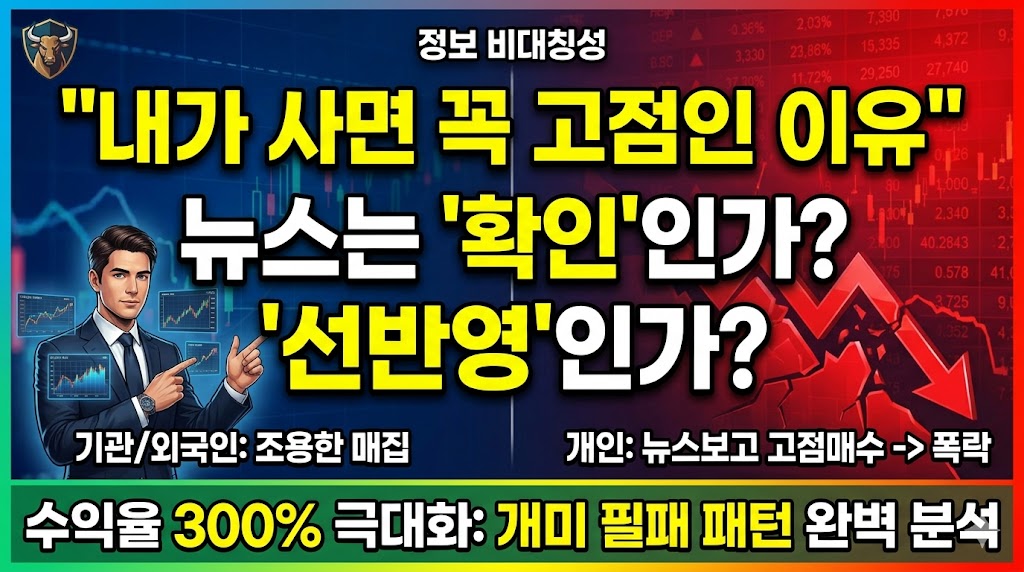 주식 시장의 정보 비대칭성을 다룬 금융 블로그 썸네일. 좌측의 정장을 입은 남성과 우상향 차트(기관/외국인: 조용한 매집), 우측의 붉은색 하락 화살표 차트(개인: 뉴스보고 고점매수 -> 폭락)를 대조적으로 배치함. 중앙에는 "내가 사면 꼭 고점인 이유" 뉴스는 '확인'인가? '선반영'인가? 라는 문구와 하단에 '수익율 300% 극대화: 개미 필패 패턴 완벽 분석'이라는 텍스트가 강조되어 있음