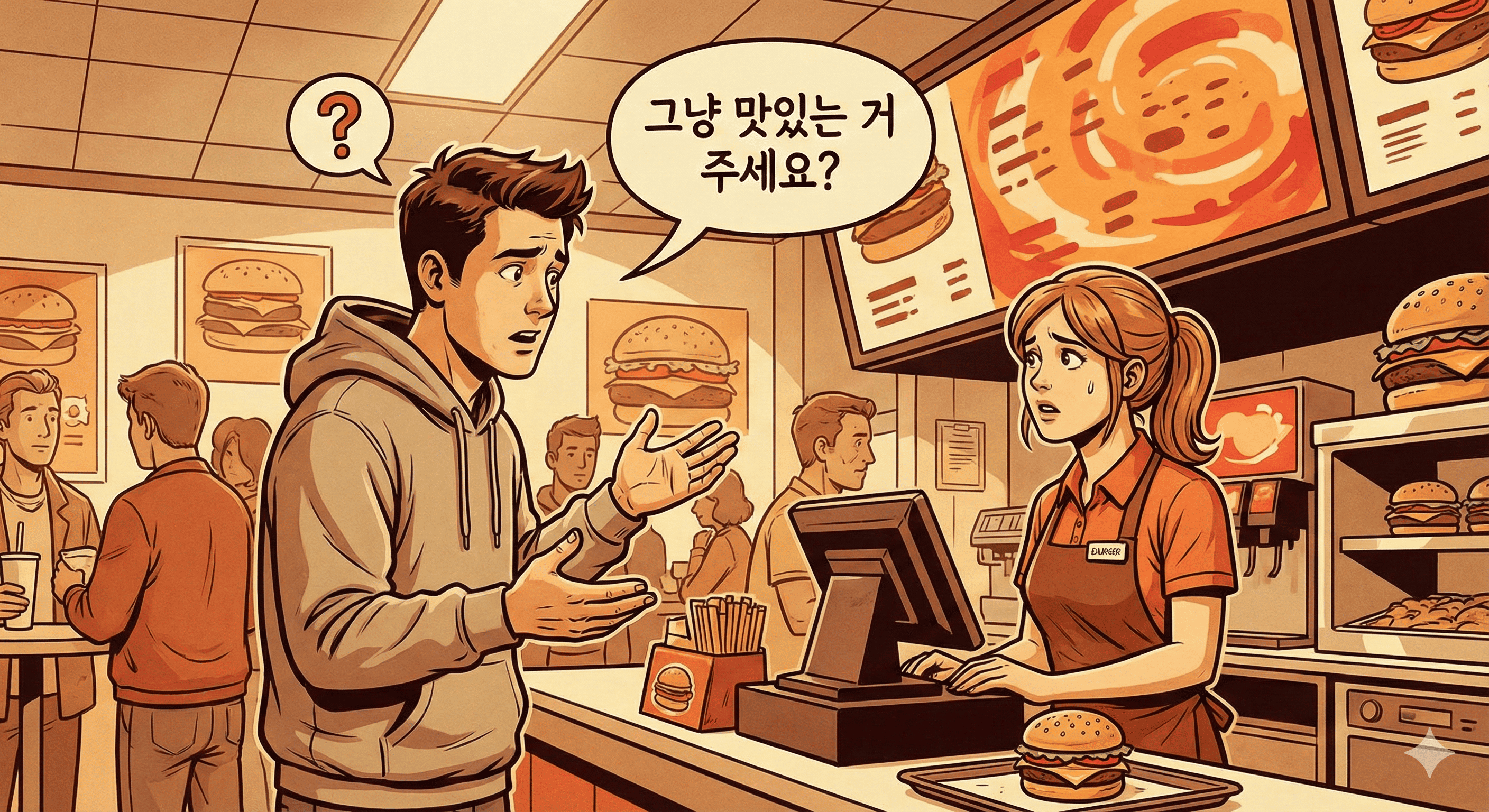 햄버거 가게에서 잘못된 주문으로 당황하는 모습, AI 프롬프트 중요성 비유