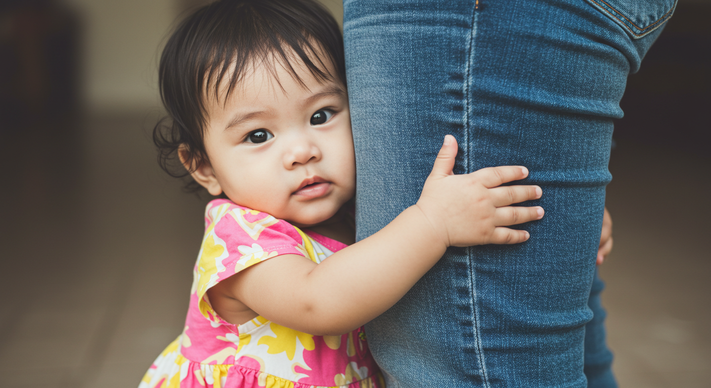 엄마의 다리를 안고 있는 아기 사진