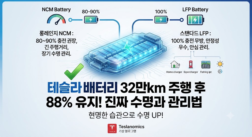 "테슬라 배터리 수명 및 관리법 인포그래픽 - NCM 및 LFP 배터리 충전 한도와 32만km 주행 후 88% 용량 유지 안내"