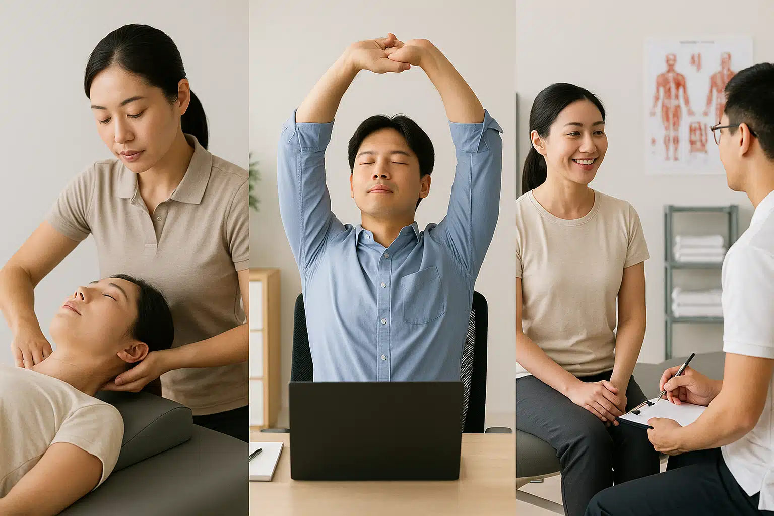 도수치료를 받는 모습, 스트레칭하는 직장인, 물리치료실에서 상담 중인 환자