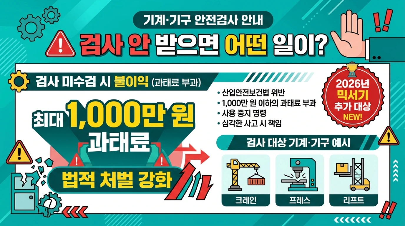 안전검사 대상 기계·검사 주기 3분 정리 — 1000만원 과태료·2026 혼합기 신규추가 인포그래픽