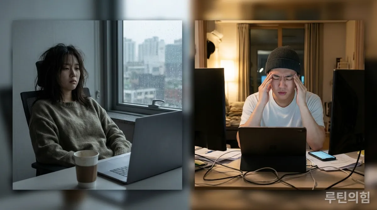 번아웃과 인지 과부하의 차이를 보여주는 비교 이미지