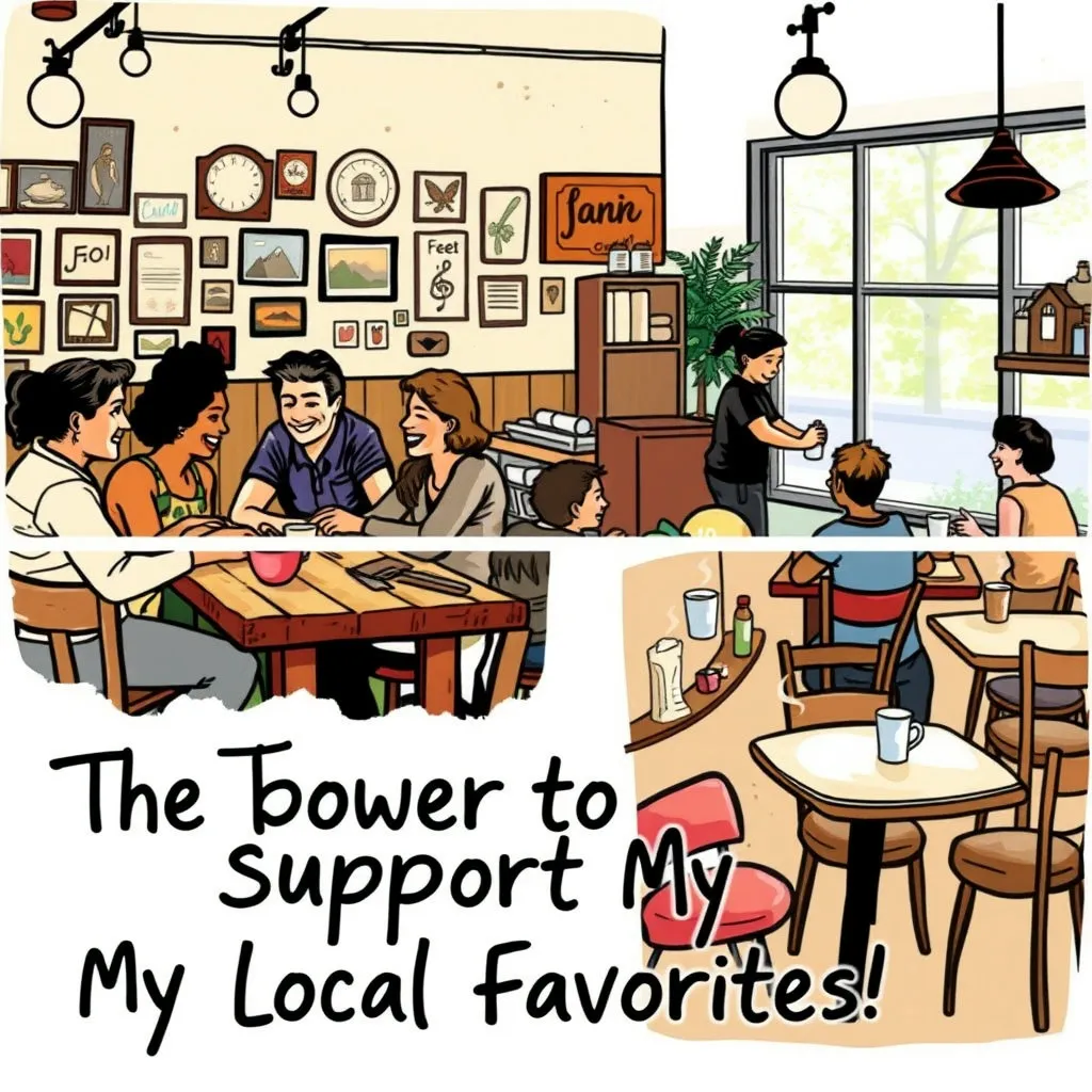아늑하고 정겨운 동네 식당에서 가족이나 친구들이 함께 식사하며 즐거운 시간을 보내는 모습, 혹은 작은 카페에서 따뜻한 커피를 마시는 모습을 담습니다. '내 단골 가게를 살리는 힘!'과 같은 메시지를 추가하여 따뜻한 공동체 의식을 강조할 수 있습니다.