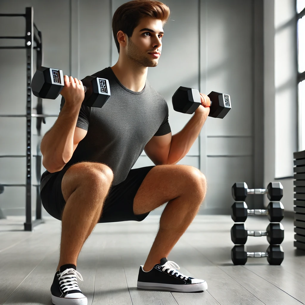 젊은 남성이 스쿼트 자세로 저중량 덤벨을 들고 있는 모습