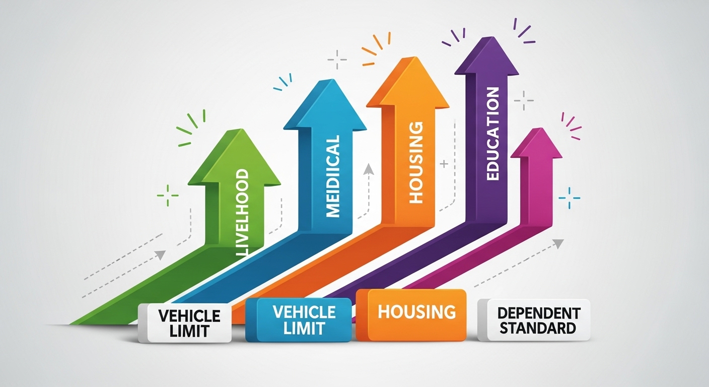 4가지 색깔의 화살표(생계, 의료, 주거, 교육)가 부양 의무자 기준 완화, 차량 기준 완화 등 문턱을 뛰어넘어 상승하는 모습
