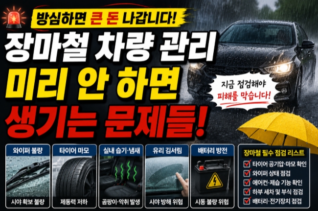 장마철 차량 관리 미흡시 생기는 문제를 설명하는 이미지