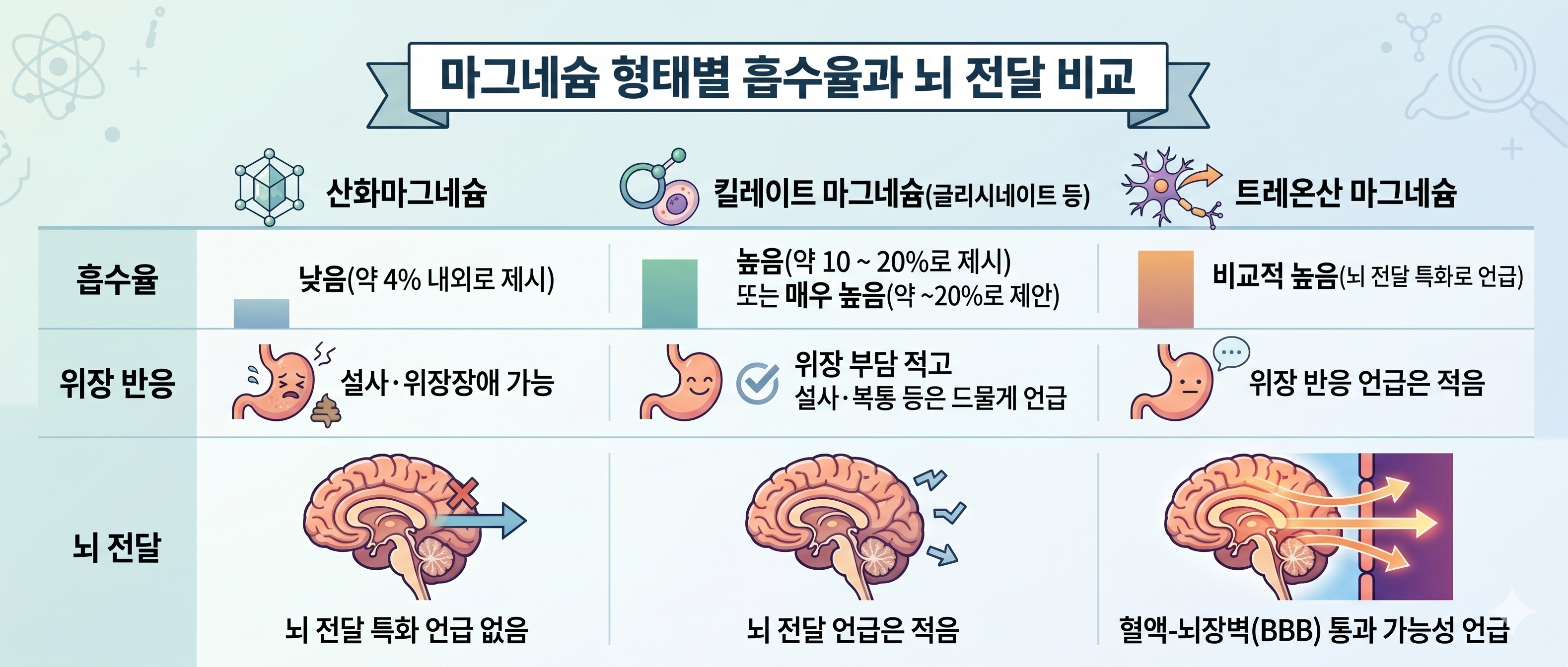 <img src="magnesium-absorption-rate-comparison-chart.png" alt="일반 산화 마그네슘 대비 킬레이트와 트레온산 마그네슘의 체내 흡수율 및 뇌 전달력을 보여주는 비교 차트">