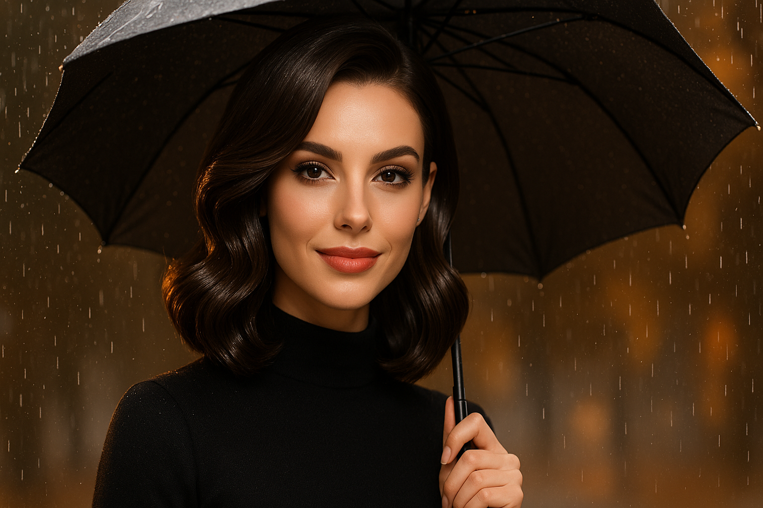 비 오는 날 완벽한 헤어스타일을 한 아름다운 여성