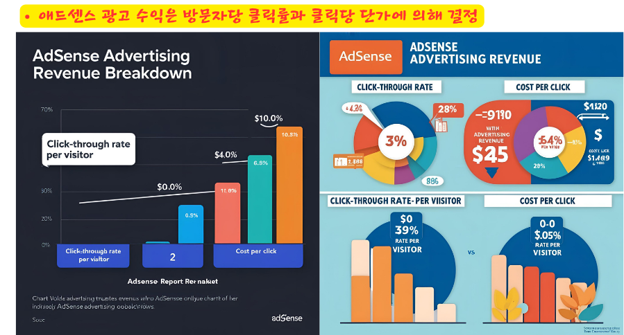 애드센스 광고 수익은 기본적으로 방문자당 클릭률과 클릭당 단가에 의해 결정