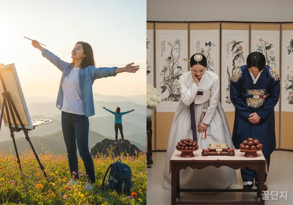 자신의 취미를 즐기는 행복한 한국 여성과 결혼 이미지의 대비