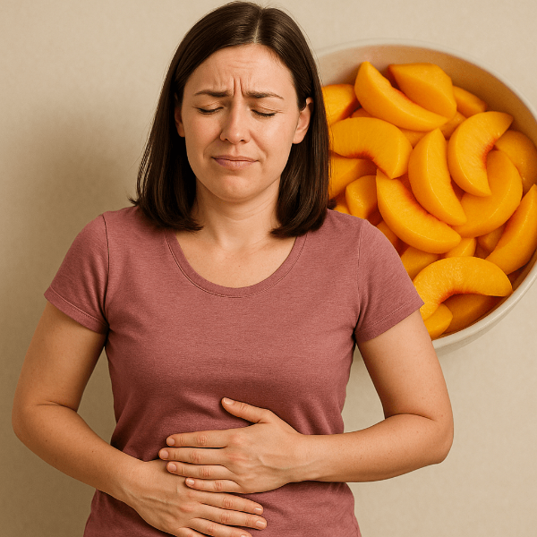 복숭아 섭취 부작용으로 복부팽만을 겪는 여자