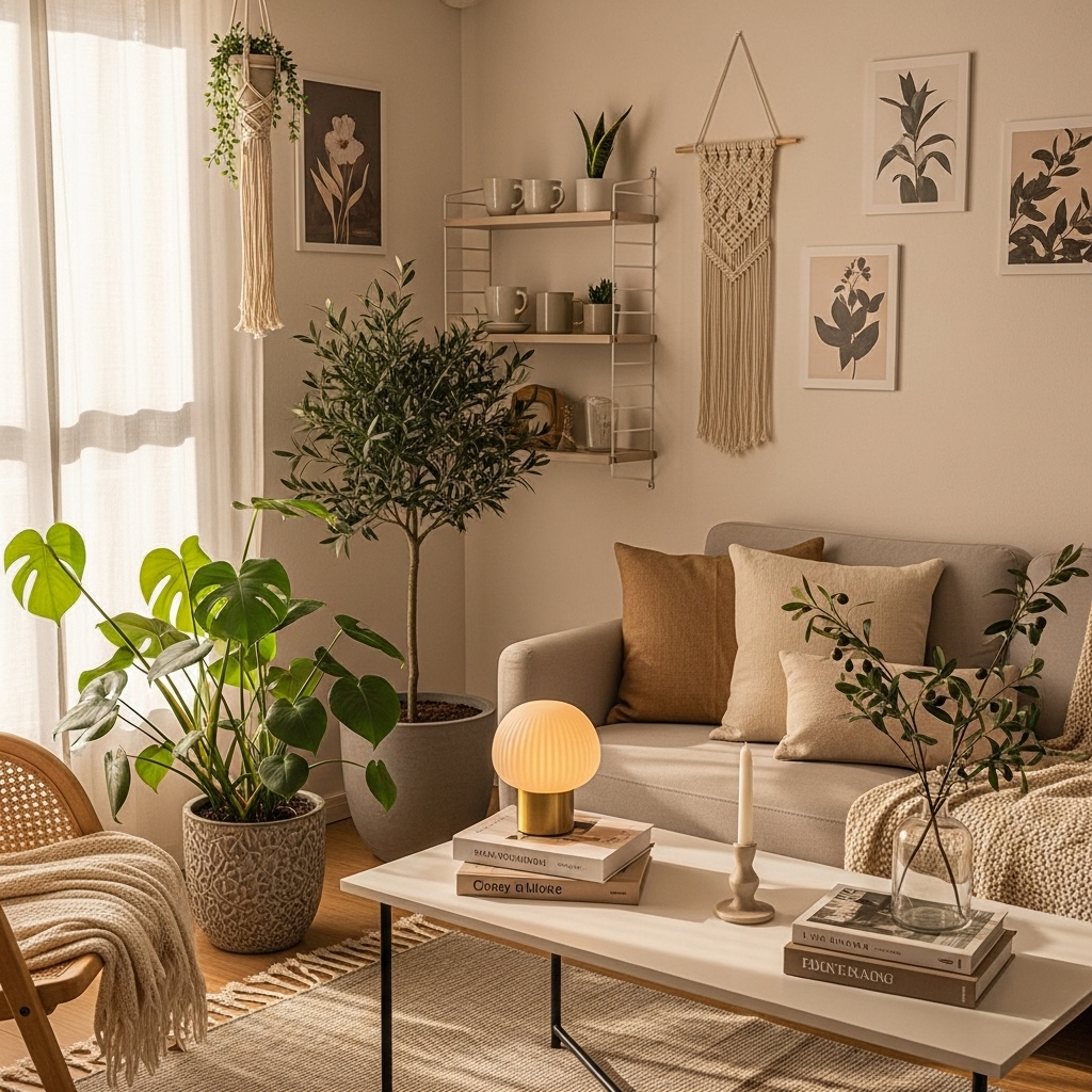 따뜻한 자연광이 비추는 전셋집 거실에 자연 그린 테마로 꾸며진 아늑하고 감성적인 인테리어. 벽에 손상 없이 꼭꼬핀으로 걸린 포스터와 작은 식물들, 편안한 소파, 무타공 선반이 조화를 이룬 감성 카페 같은 공간.