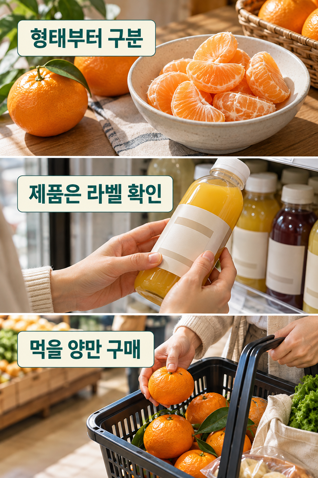 생귤과 음료 포장, 소량 장바구니로 고르는 기준을 정리한 장면