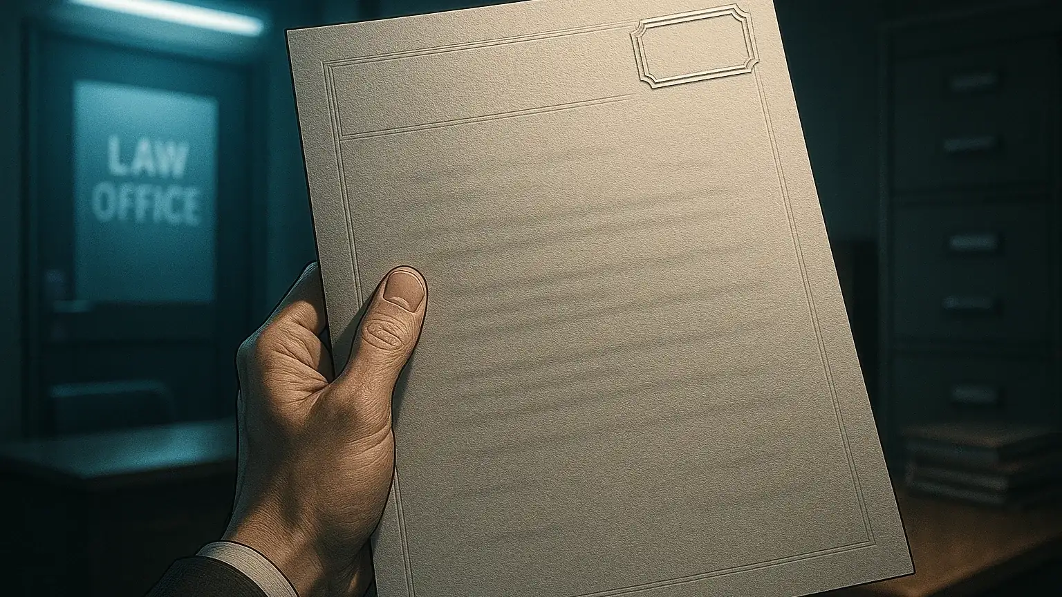 고소장과 사건번호가 표시된 서류를 들고 있는 모습을 담은 이미지