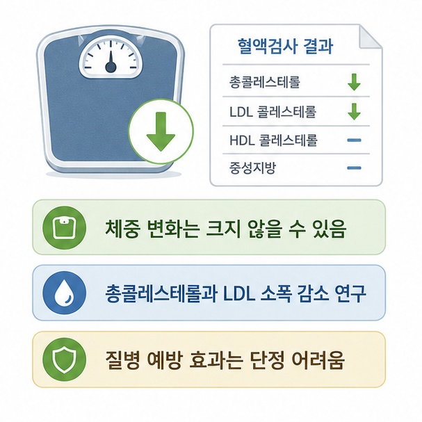 체중 변화 효과는 크지 않을 수 있고 총콜레스테롤과 LDL에서는 작은 감소가 나타난 연구가 있지만 질병 예방 효과는 단정하기 어렵다는 점을 보여 주는 그림