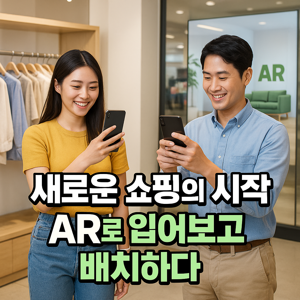 AR 기술로 가상 의류를 체험하는 남녀 고객