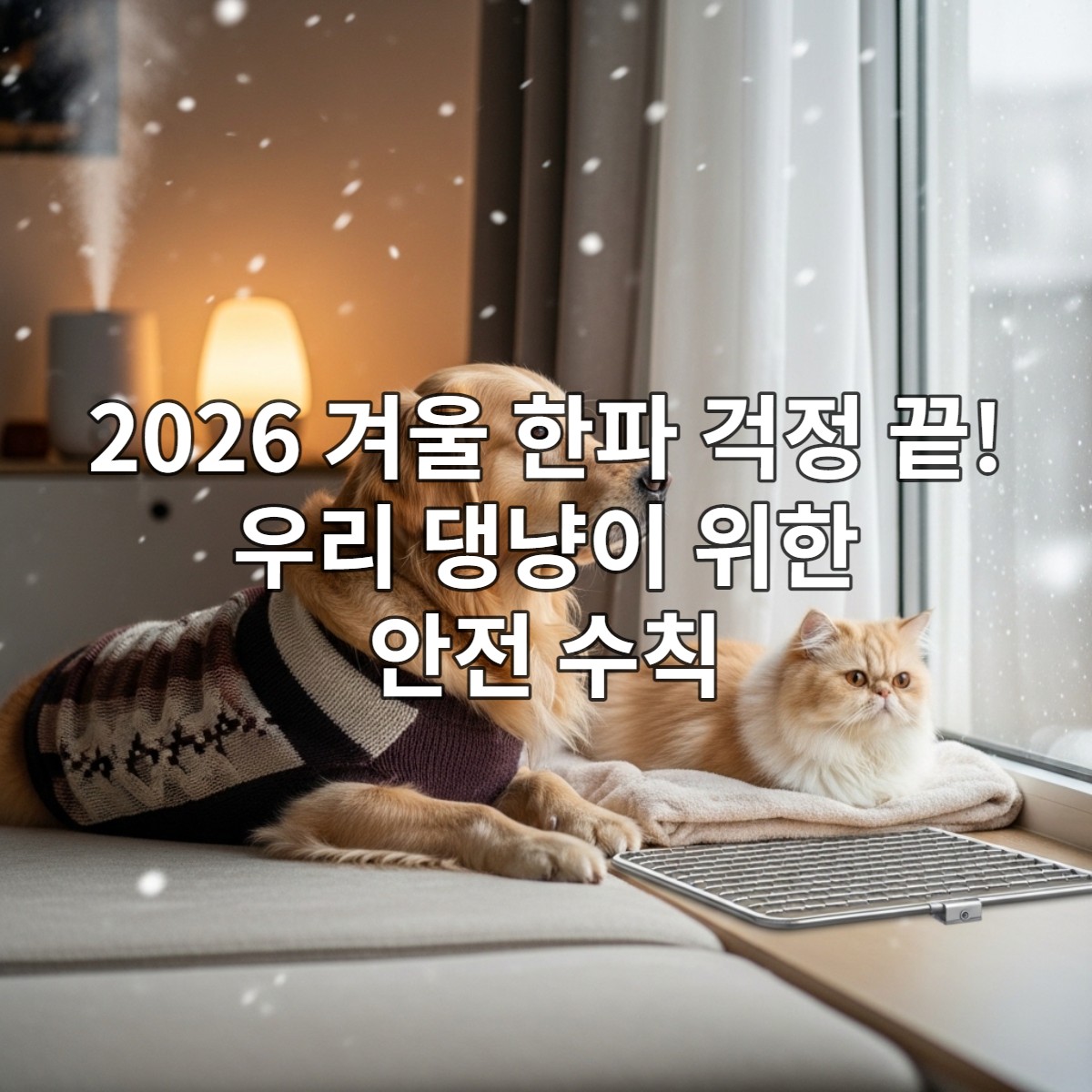 창가에서 눈 내리는 바깥을 바라보는 따뜻한 실내의 강아지와 고양이, 2026년 겨울 반려동물 안전.