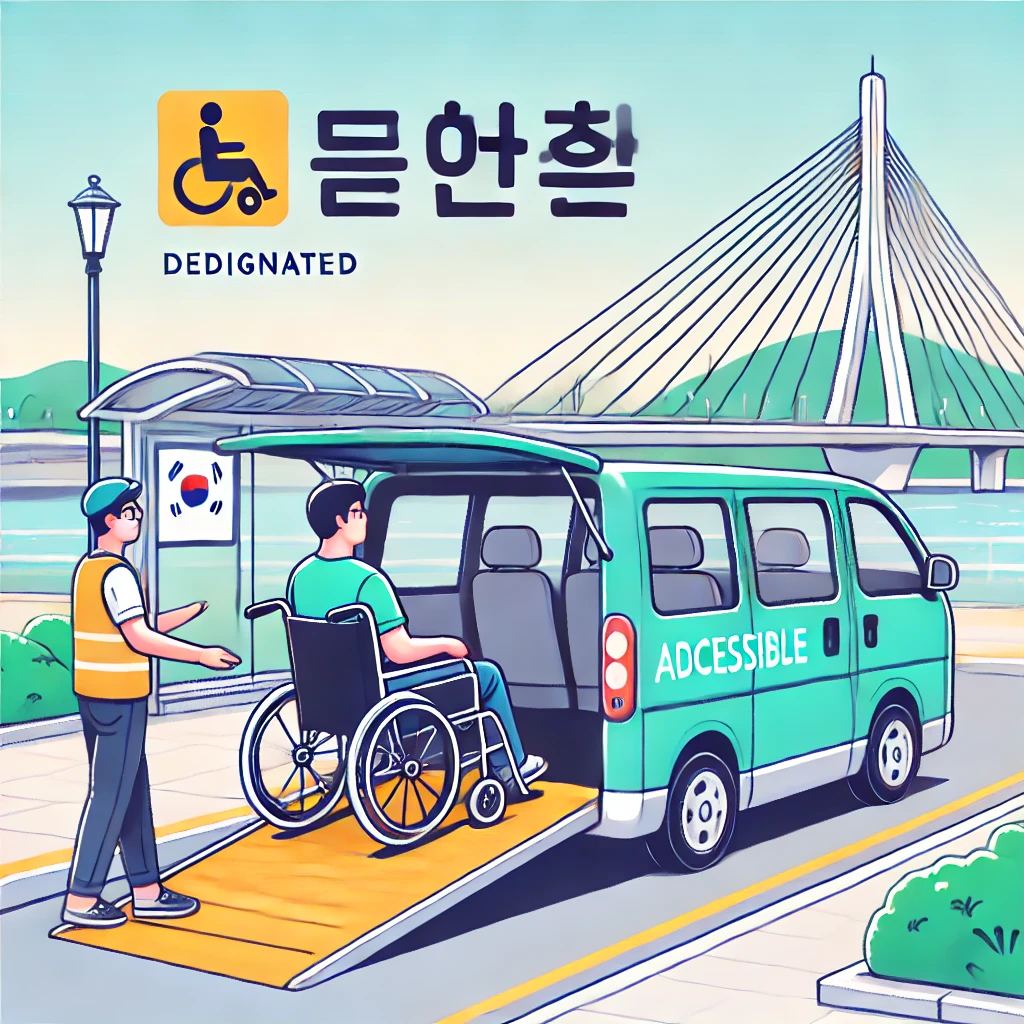&quot;제주특별자치도의 교통약자를 위한 특별교통수단. 휠체어 경사로가 장착된 차량에 휠체어를 탄 승객이 탑승하고 있으며, 운전자가 도와주고 있다. 배경에는 한국어 표지판이 보이며, 장애인 이동 지원을 위한 전용 교통 서비스임을 나타낸다.&quot;