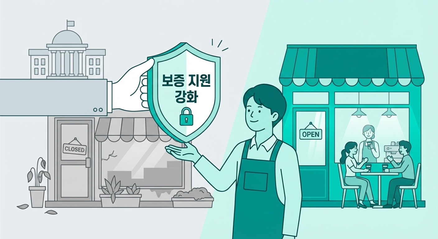정부 또는 보증 기관이 소상공인을 돕는 손과 방패 이미지, 보증 지원 강화를 통한 사업 안정성 확보를 의미