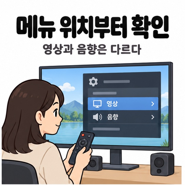 사용자가 리모컨을 들고 모니터의 영상과 음향 메뉴를 확인하며 아래에 스피커가 놓인 모습